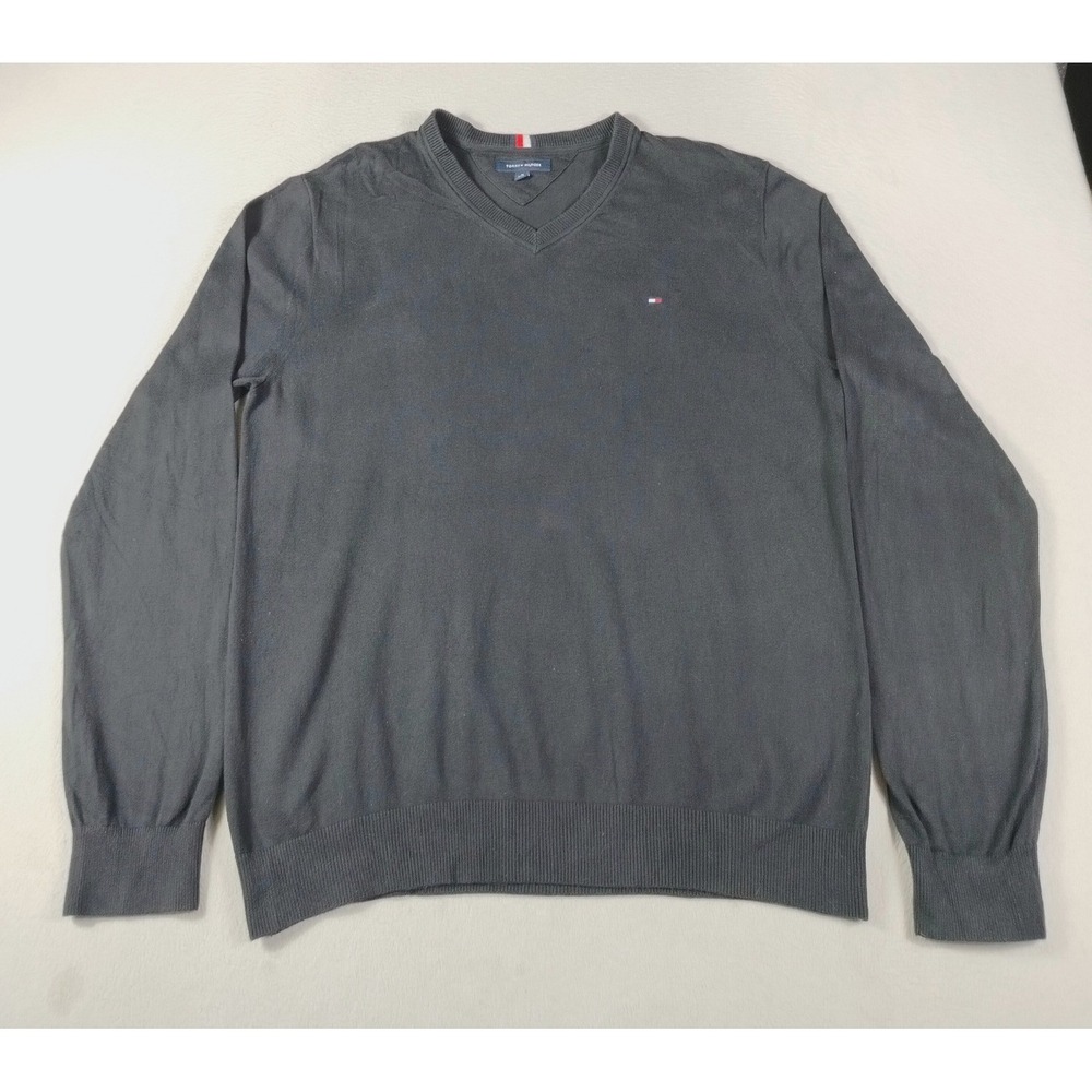 Tommy Hilfiger V-Neck Sweater Mens XL Black Cotton Knit‎ Pullover Classic Logo